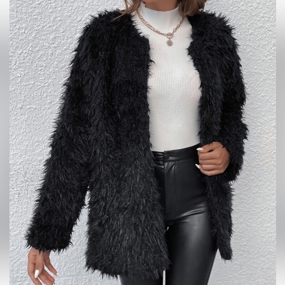 Cozy Faux Vegan Fur Open Front Jacket Coat Hot Pink - Picture 11 of 14